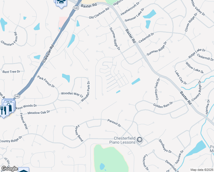 map of restaurants, bars, coffee shops, grocery stores, and more near 15824 Harris Ridge Court in Chesterfield