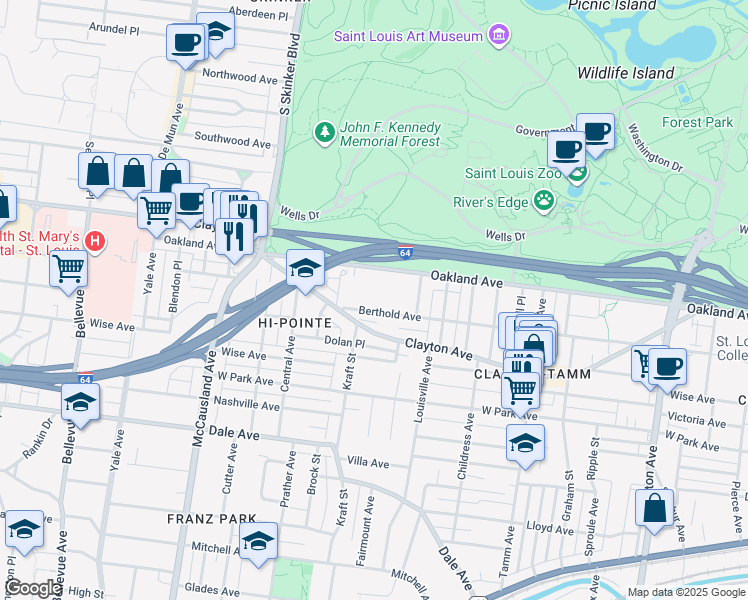 map of restaurants, bars, coffee shops, grocery stores, and more near 6661 Berthold Avenue in St. Louis