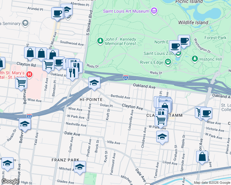 map of restaurants, bars, coffee shops, grocery stores, and more near 6661 Berthold Avenue in St. Louis
