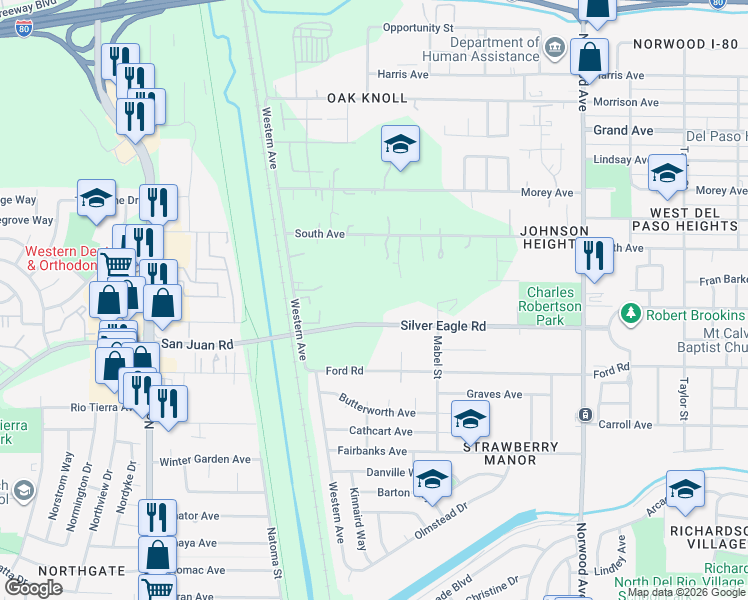 map of restaurants, bars, coffee shops, grocery stores, and more near 151 Silver Eagle Road in Sacramento