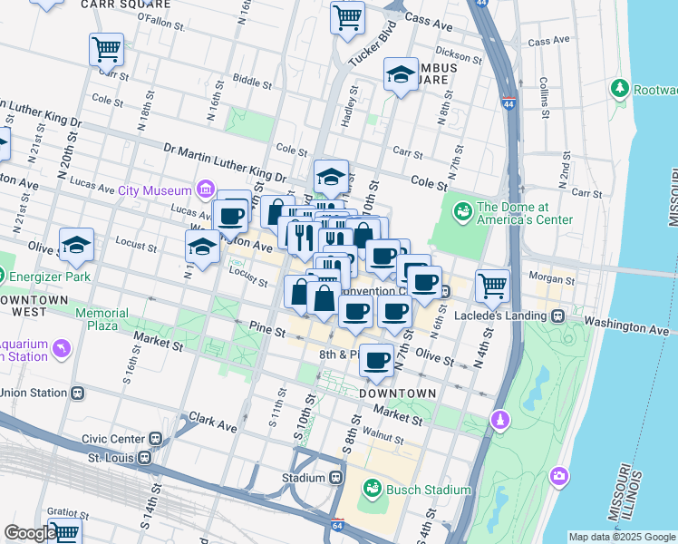 map of restaurants, bars, coffee shops, grocery stores, and more near 1000 Washington Avenue in St. Louis