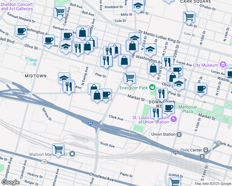 map of restaurants, bars, coffee shops, grocery stores, and more near in St. Louis