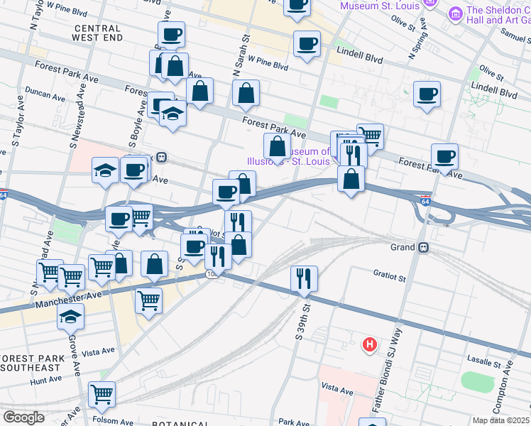map of restaurants, bars, coffee shops, grocery stores, and more near 601 Clayton Avenue in St. Louis