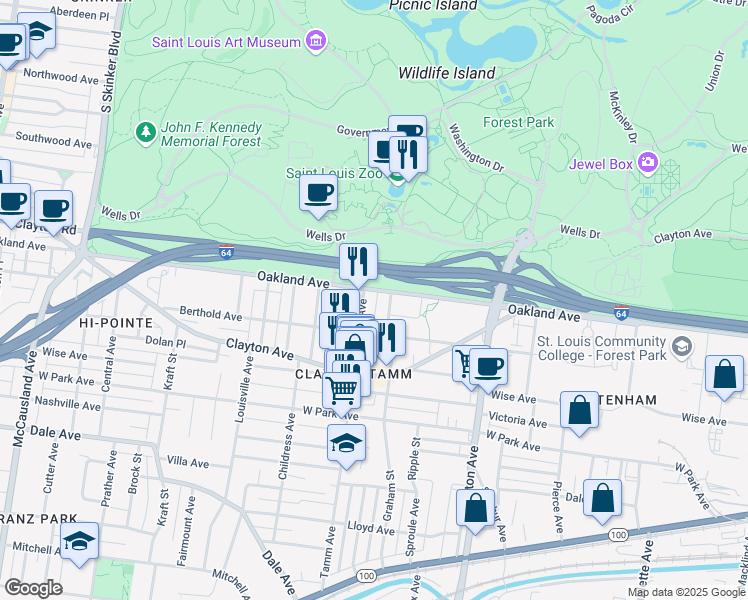 map of restaurants, bars, coffee shops, grocery stores, and more near 1008 Tamm Avenue in St. Louis
