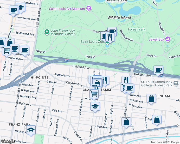 map of restaurants, bars, coffee shops, grocery stores, and more near 1016 Childress Avenue in St. Louis