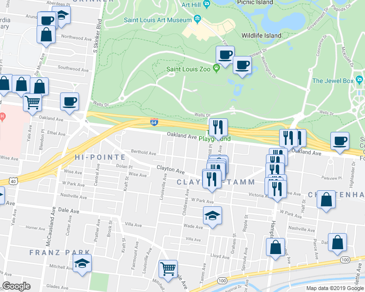 map of restaurants, bars, coffee shops, grocery stores, and more near 1021 Sanford Avenue in St. Louis