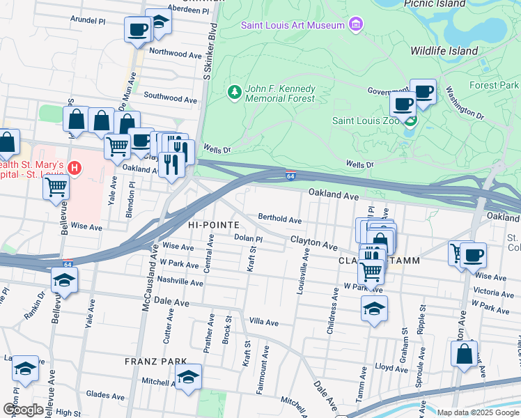 map of restaurants, bars, coffee shops, grocery stores, and more near 6661 Berthold Avenue in St. Louis