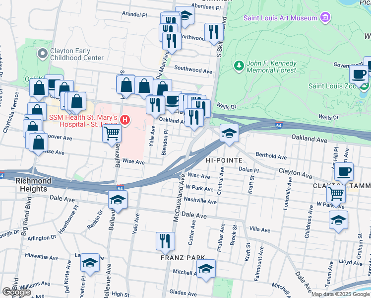 map of restaurants, bars, coffee shops, grocery stores, and more near 1076 McCausland Avenue in St. Louis