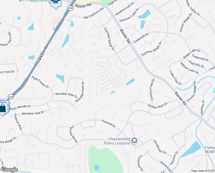 map of restaurants, bars, coffee shops, grocery stores, and more near 15804 Kersten Ridge Drive in Chesterfield