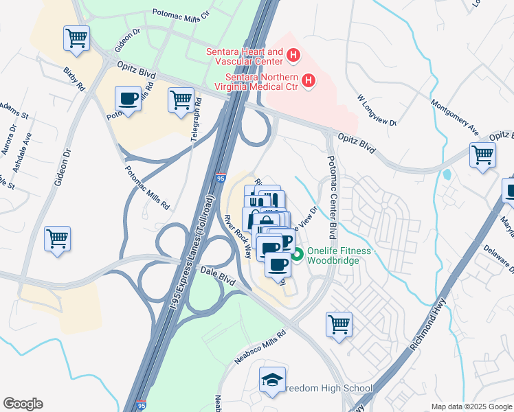 map of restaurants, bars, coffee shops, grocery stores, and more near 14801 Dining Way in Woodbridge