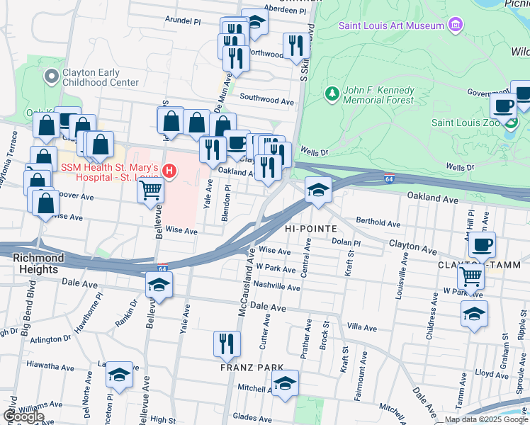 map of restaurants, bars, coffee shops, grocery stores, and more near 1076 McCausland Avenue in St. Louis