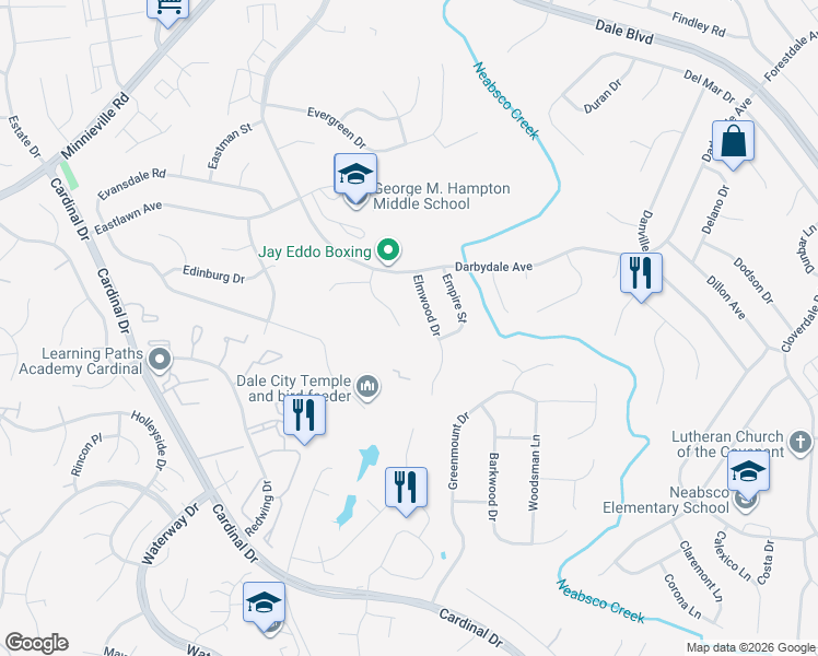 map of restaurants, bars, coffee shops, grocery stores, and more near 14851 Emberdale Drive in Woodbridge