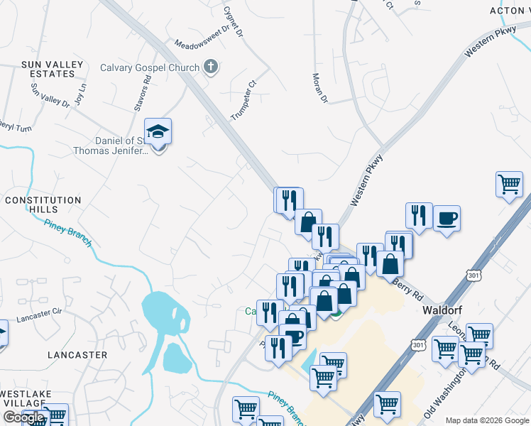map of restaurants, bars, coffee shops, grocery stores, and more near 2925 Marsh Hawk Drive in Waldorf