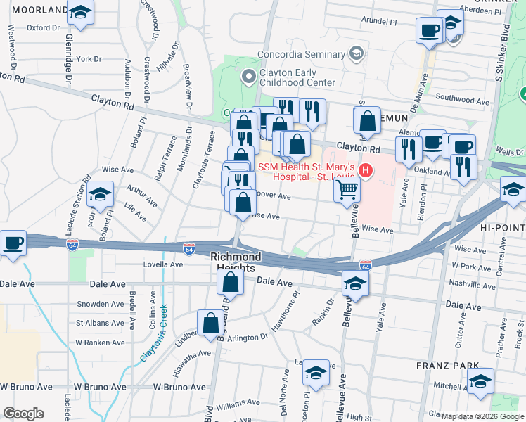map of restaurants, bars, coffee shops, grocery stores, and more near 7469 Wise Avenue in Richmond Heights
