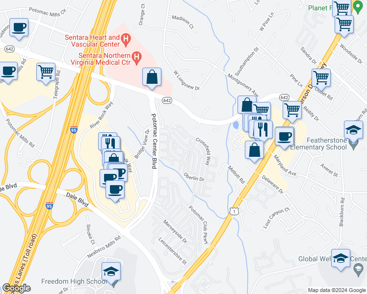 map of restaurants, bars, coffee shops, grocery stores, and more near 14784 Potomac Branch Drive in Woodbridge