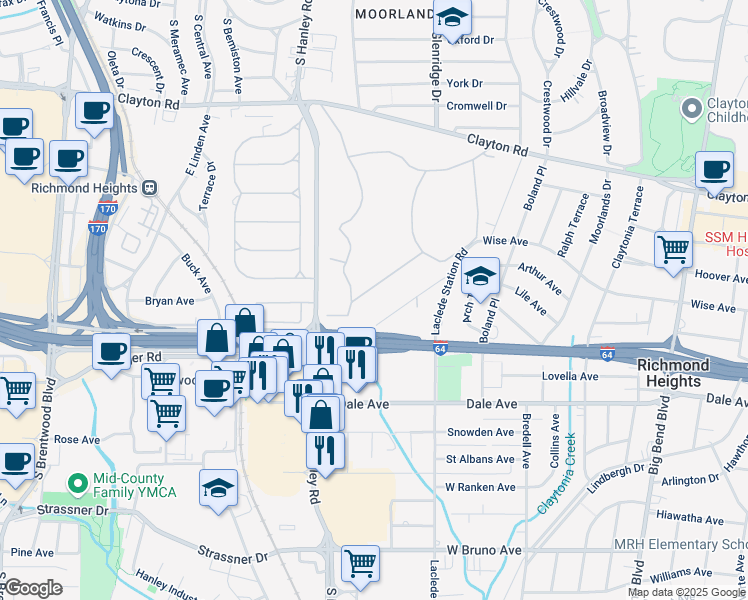 map of restaurants, bars, coffee shops, grocery stores, and more near 8062 South Drive in Richmond Heights
