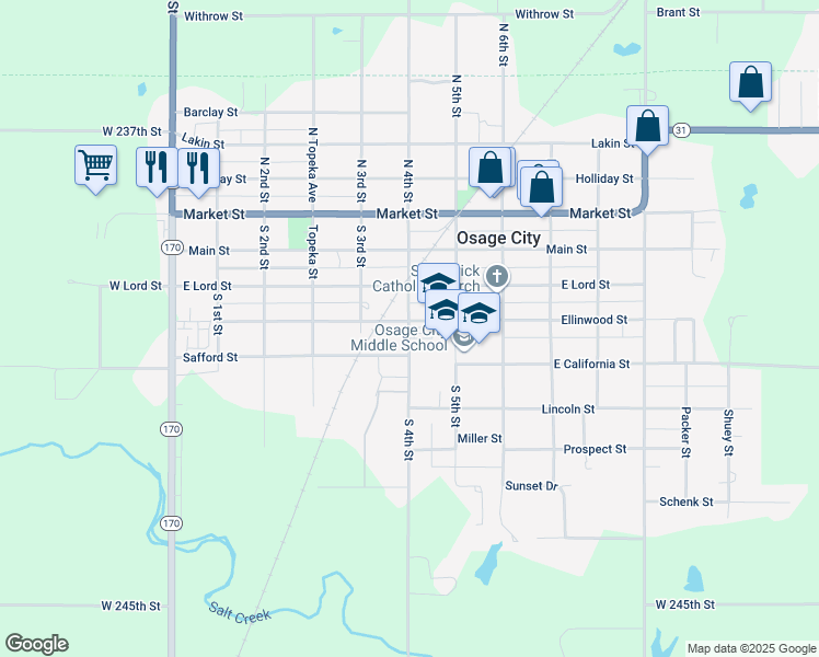 map of restaurants, bars, coffee shops, grocery stores, and more near 420 South 4th Street in Osage City