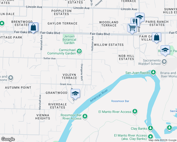 map of restaurants, bars, coffee shops, grocery stores, and more near 3705 Hollister Avenue in Carmichael