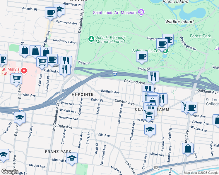 map of restaurants, bars, coffee shops, grocery stores, and more near 6637 Berthold Avenue in St. Louis