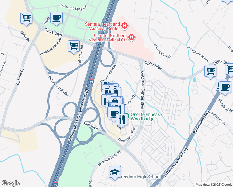 map of restaurants, bars, coffee shops, grocery stores, and more near 14676 River Walk Way in Woodbridge