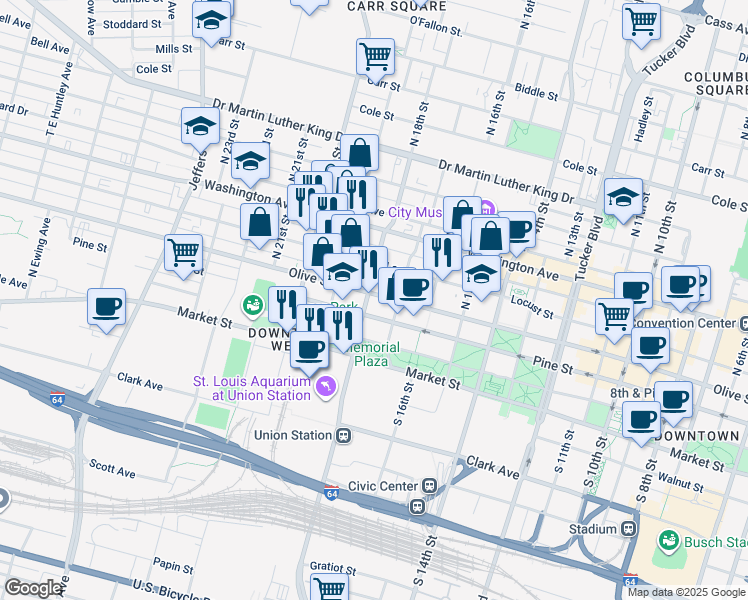 map of restaurants, bars, coffee shops, grocery stores, and more near 1722 Olive Street in St. Louis