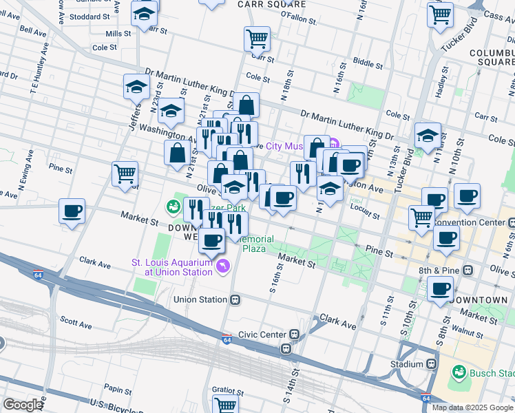 map of restaurants, bars, coffee shops, grocery stores, and more near 1722 Olive Street in St. Louis