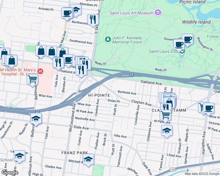 map of restaurants, bars, coffee shops, grocery stores, and more near 6701 Clayton Avenue in St. Louis