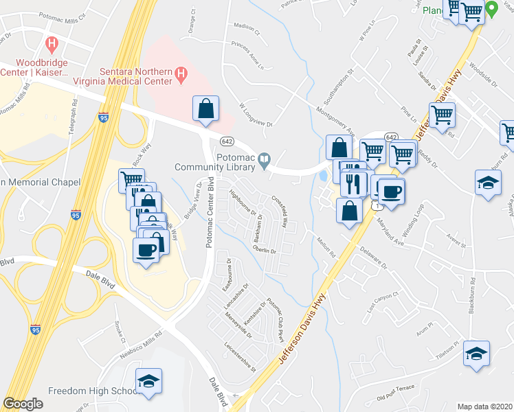 map of restaurants, bars, coffee shops, grocery stores, and more near 14878 Potomac Branch Drive in Woodbridge