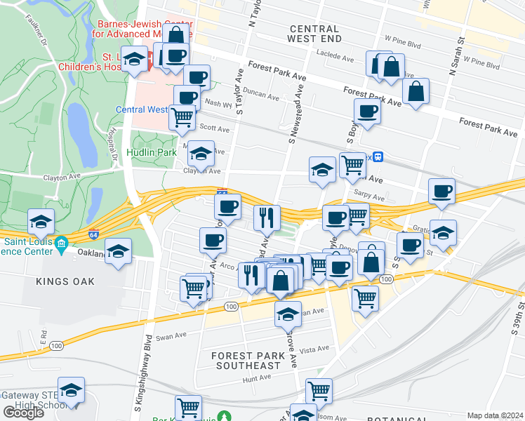 map of restaurants, bars, coffee shops, grocery stores, and more near 4404 Papin Street in St. Louis