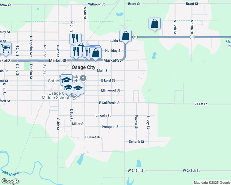 map of restaurants, bars, coffee shops, grocery stores, and more near 813 Ellinwood Street in Osage City