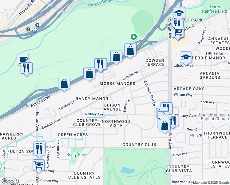 map of restaurants, bars, coffee shops, grocery stores, and more near 3138 Edison Avenue in Sacramento