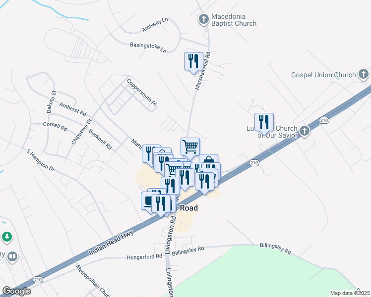 map of restaurants, bars, coffee shops, grocery stores, and more near 2960 Marshall Hall Road in Bryans Road