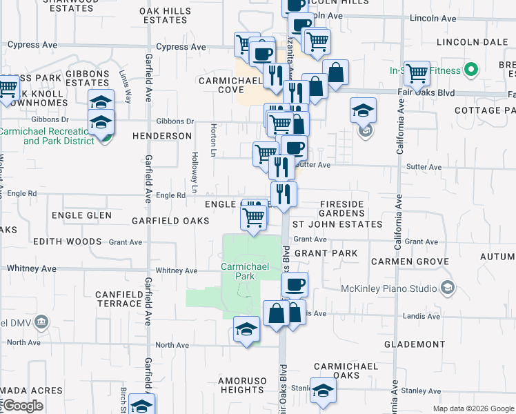 map of restaurants, bars, coffee shops, grocery stores, and more near 3632 Hallelujah Court in Carmichael