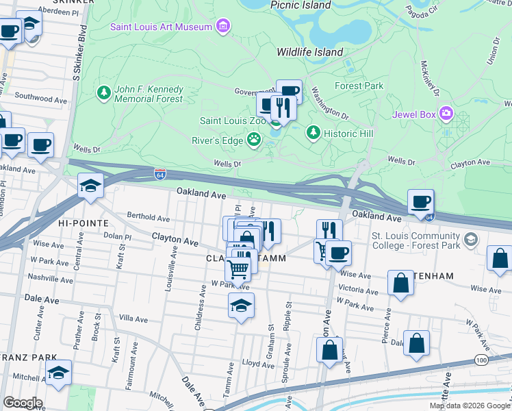 map of restaurants, bars, coffee shops, grocery stores, and more near 6326 Oakland Avenue in St. Louis