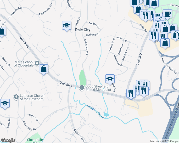 map of restaurants, bars, coffee shops, grocery stores, and more near 14820 Bryan Court in Woodbridge