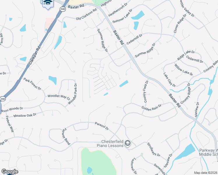 map of restaurants, bars, coffee shops, grocery stores, and more near 15804 Kersten Ridge Drive in Chesterfield