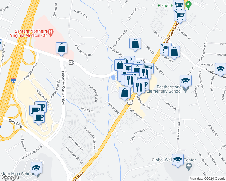map of restaurants, bars, coffee shops, grocery stores, and more near 14782 Mason Creek Circle in Woodbridge