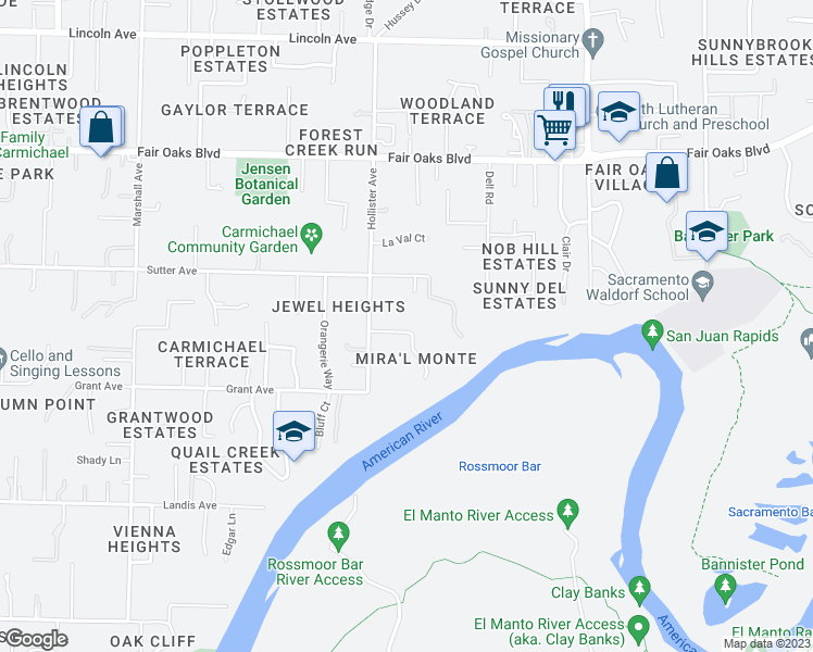 map of restaurants, bars, coffee shops, grocery stores, and more near 3659 Kiekebusch Court in Carmichael