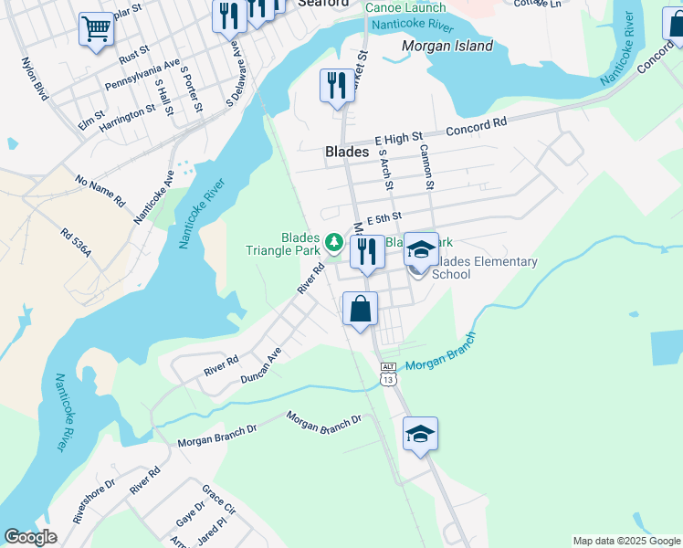 map of restaurants, bars, coffee shops, grocery stores, and more near 9 West 8th Street in Blades