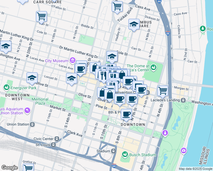 map of restaurants, bars, coffee shops, grocery stores, and more near 1000 Washington Avenue in St. Louis