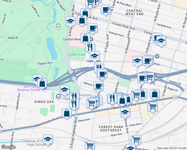 map of restaurants, bars, coffee shops, grocery stores, and more near 4551 Chouteau Avenue in St. Louis
