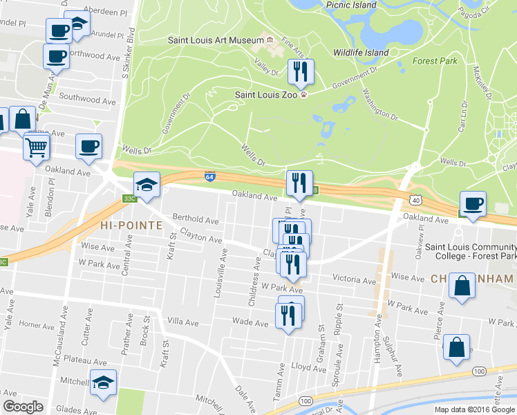 map of restaurants, bars, coffee shops, grocery stores, and more near 6464 Oakland Avenue in St. Louis
