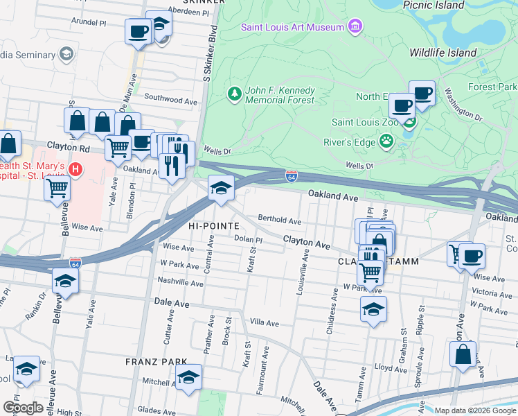 map of restaurants, bars, coffee shops, grocery stores, and more near 6661 Berthold Avenue in St. Louis