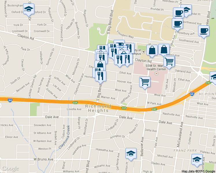 map of restaurants, bars, coffee shops, grocery stores, and more near 7469 Wise Avenue in Richmond Heights