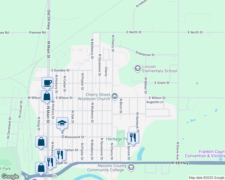 map of restaurants, bars, coffee shops, grocery stores, and more near 1026 North Cherry Street in Ottawa