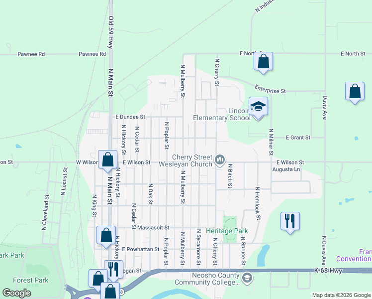 map of restaurants, bars, coffee shops, grocery stores, and more near 1012 North Sycamore Street in Ottawa
