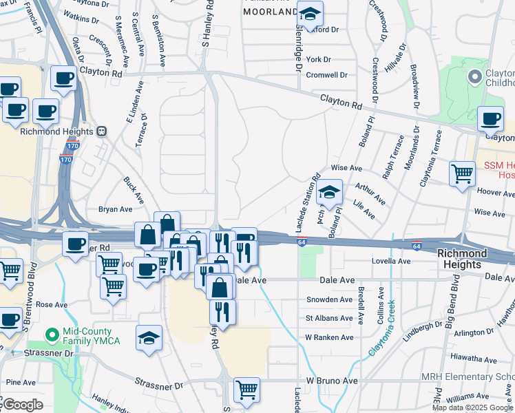 map of restaurants, bars, coffee shops, grocery stores, and more near 8062 South Drive in Richmond Heights