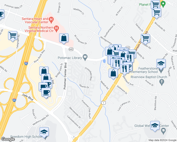 map of restaurants, bars, coffee shops, grocery stores, and more near 14570 Crossfield Way in Woodbridge