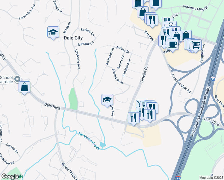 map of restaurants, bars, coffee shops, grocery stores, and more near 3099 Acorn Court in Woodbridge