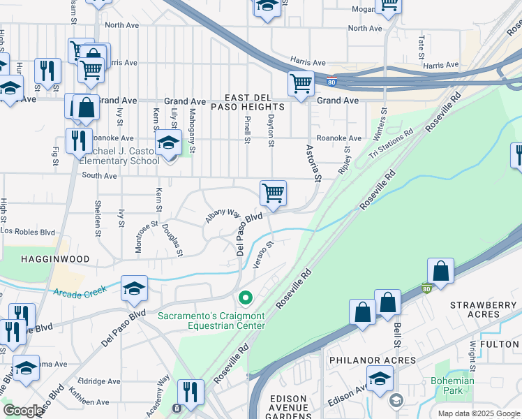 map of restaurants, bars, coffee shops, grocery stores, and more near 3547 Del Paso Boulevard in Sacramento